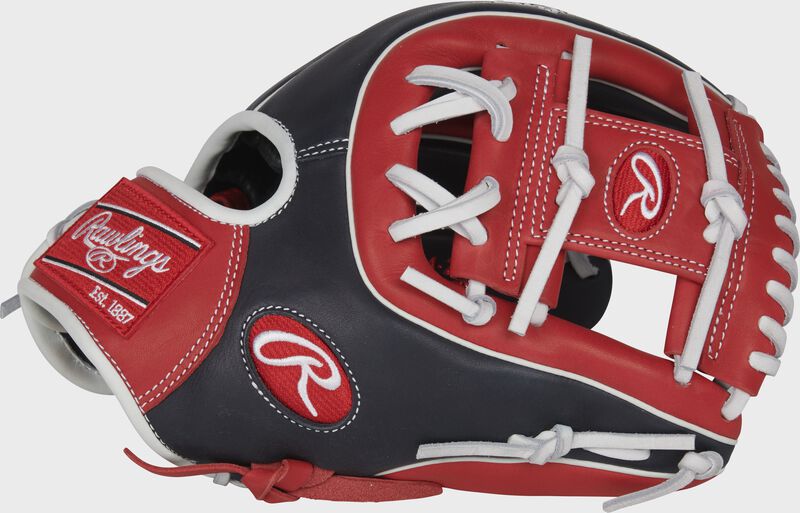 Web back view of black, red, and white 2022 Breakout 11.5-inch I-Web infield glove loading=