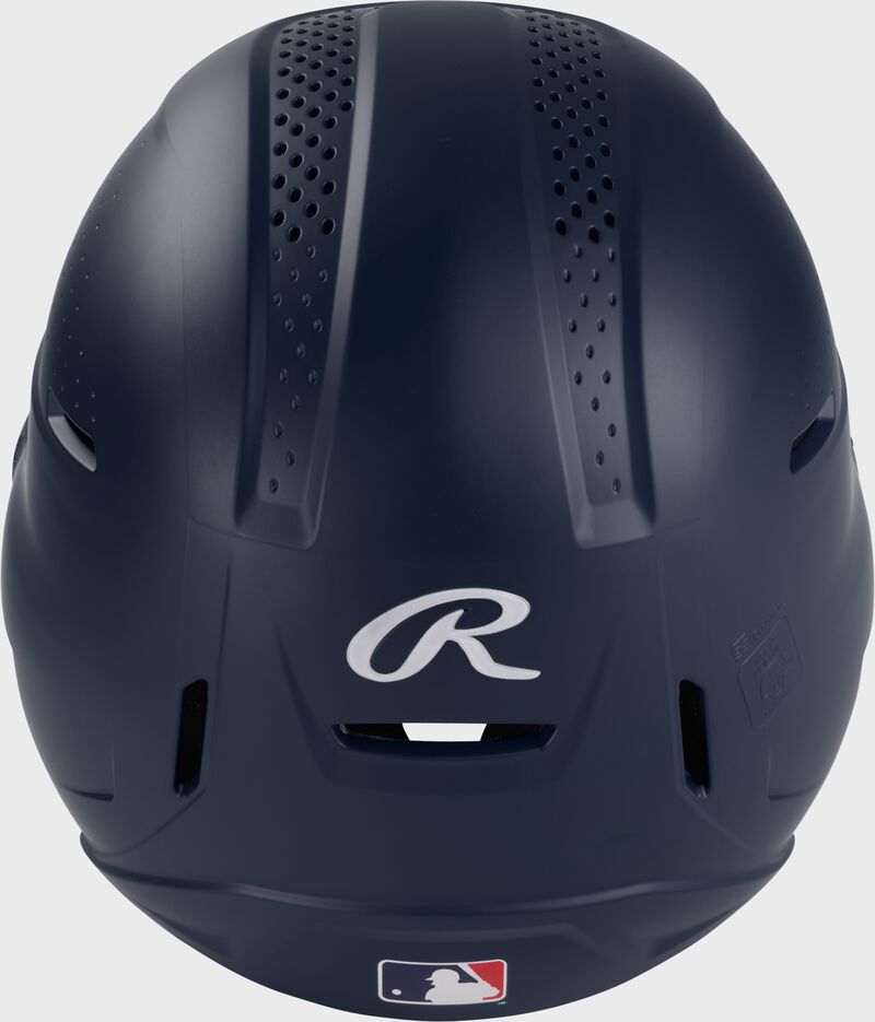 Back of a navy Rawlings RX2 Reverse batting helmet