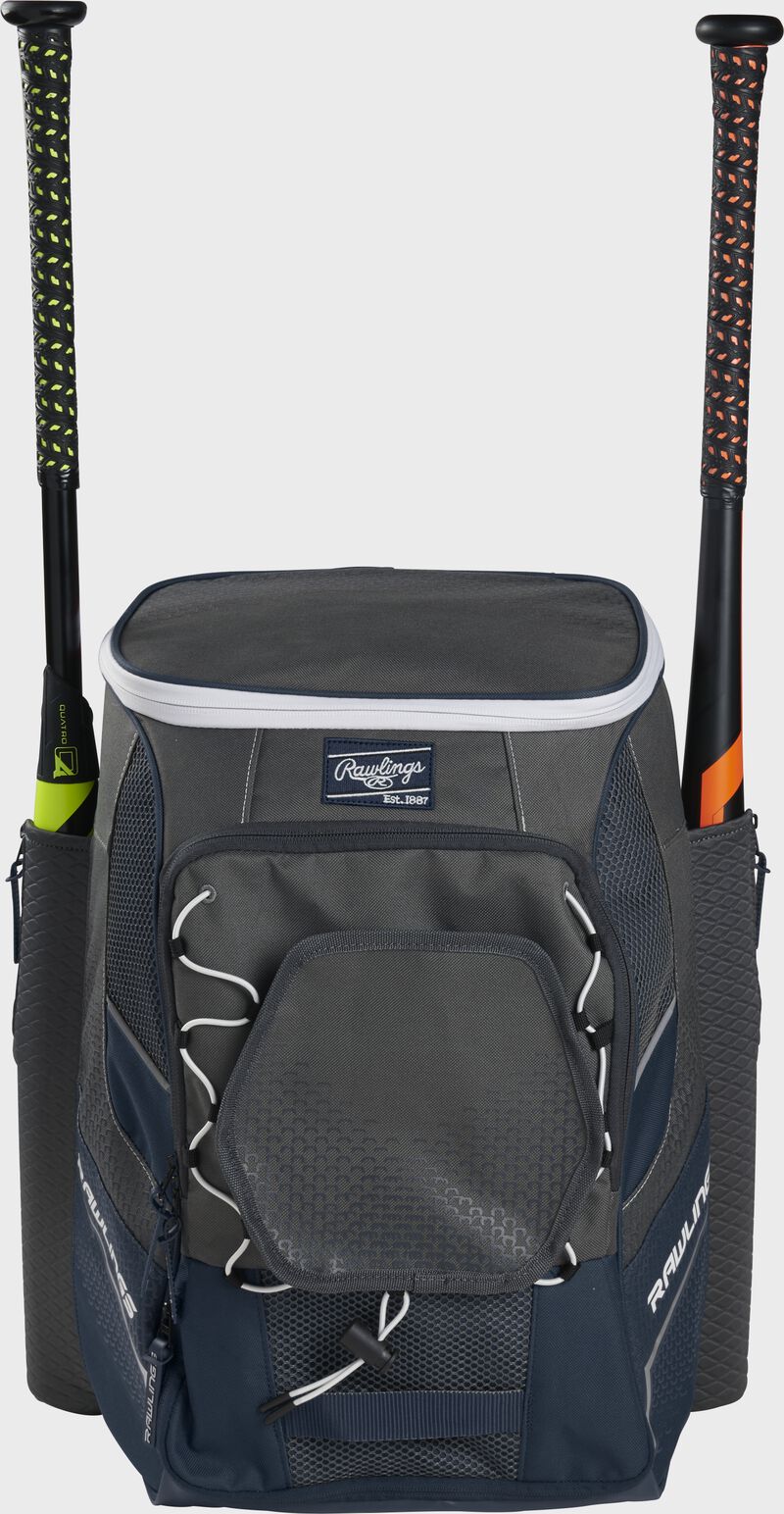 Front of a navy Rawlings Impulse bag with a navy Rawlings patch and two bats in the sides - SKU: IMPLSE-N