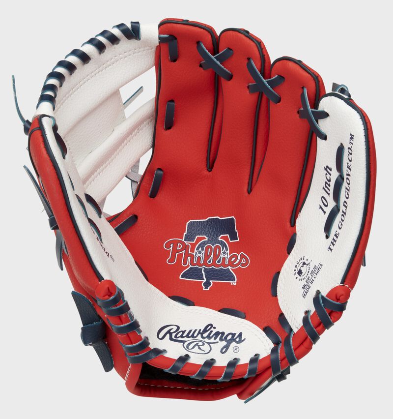 A red/white Rawlings Philadelphia Phillies youth glove with the Phillies logo stamped in the palm - SKU: 22000020111 loading=