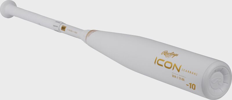 Front 3/4 angle view of a 2024 Icon USSSA -10 bat with a white barrel and end cap - SKU: RUT4I10