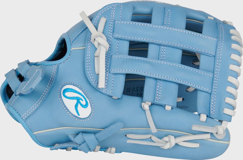 Thumb of a Columbia blue R9 Series 12" infield fastpitch glove with a Columbia blue H-web