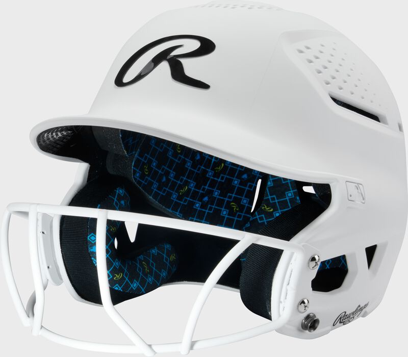Front left of a white Rawlings RX2 fastpitch batting helmet
