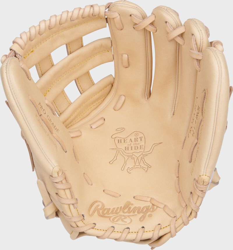 Camel palm of a Rawlings Kris Bryant Heart of the Hide glove with camel laces