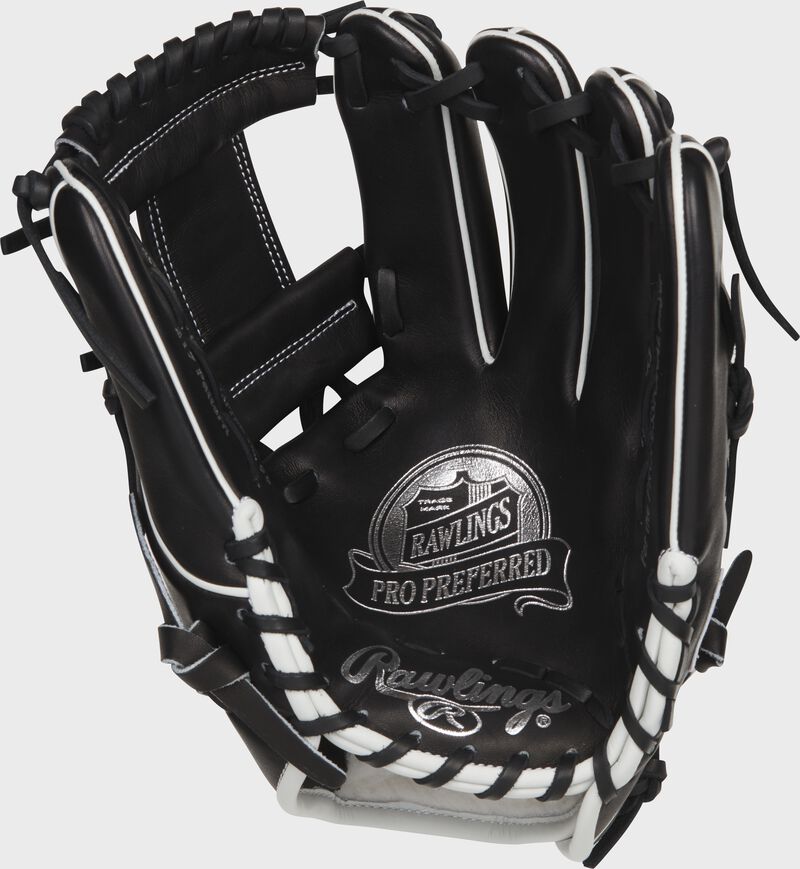 palm view of black and white 2021 Gleyber Torres Pro Preferred infield glove loading=