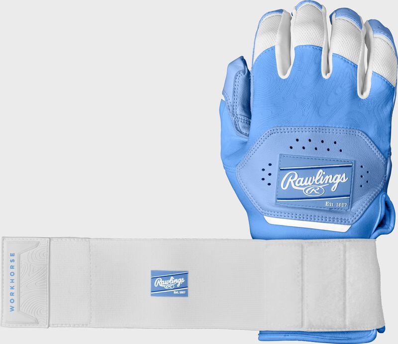 A Columbia blue Workhorse compression strap batting glove with the strap extended out