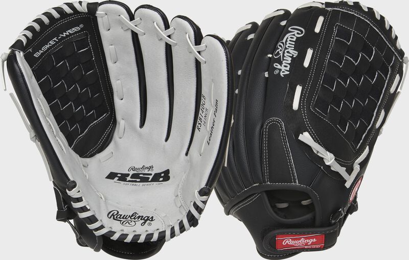 Two images showing the palm & back of a black/gray RSB 14" softball glove loading=