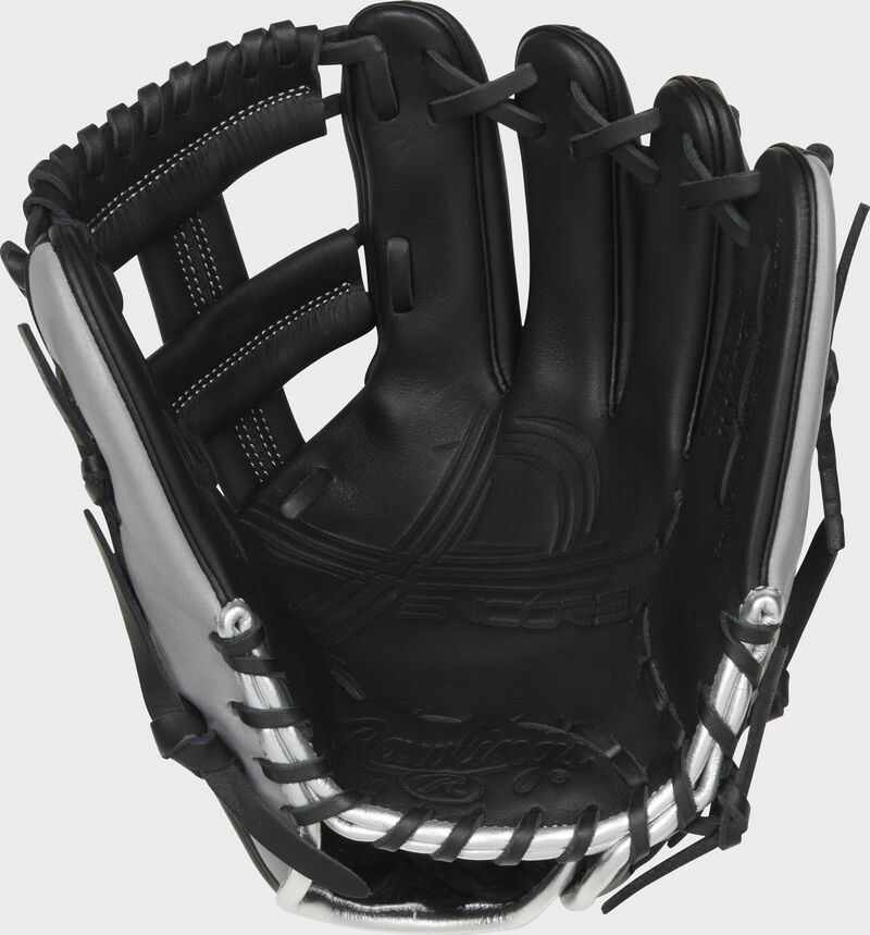 Palm of a black Rawlings Encore infield glove with black laces - SKU: EC1125-20B loading=