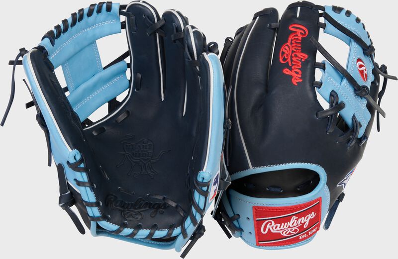 Two images showing the palm & back of a navy/Columbia blue Toronto Blue Jays Heart of the Hide glove
