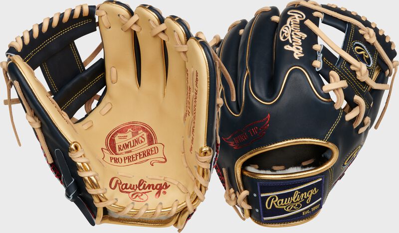 2 views showing the palm/back of a camel/navy Rawlings Pro Preferred 11.5" Wing Tip infield glove - SKU: PROS204W-2CN