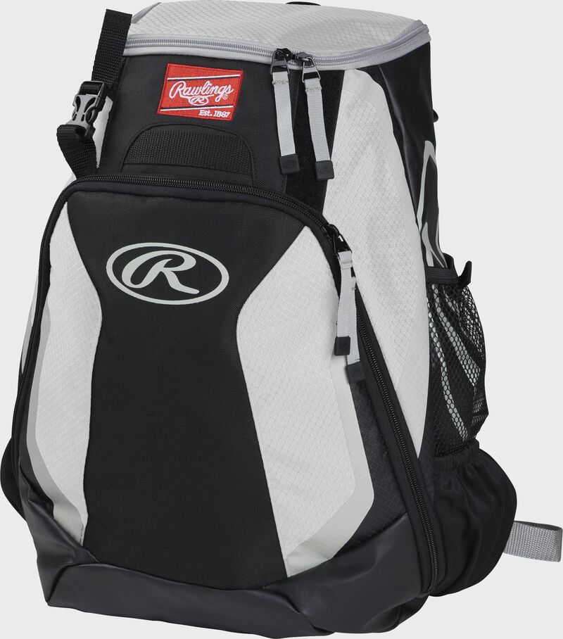 Left side of a black/white R500 Players team backpack with white trim