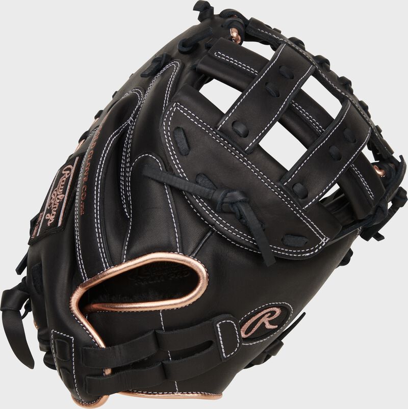 Black back of a Rawlings R9 Series 33" fastpitch catcher's mitt with a pull strap back loading=