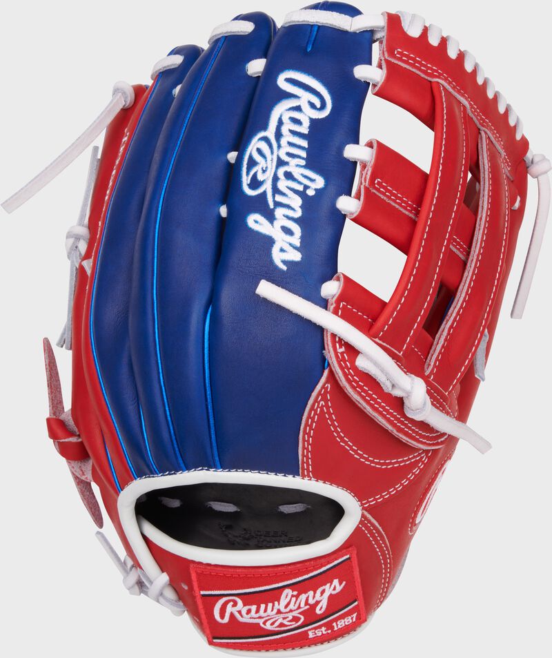 Royal back of a Luis Robert Jr. Heart of the Hide Outfield Glove with a red Rawlings patch