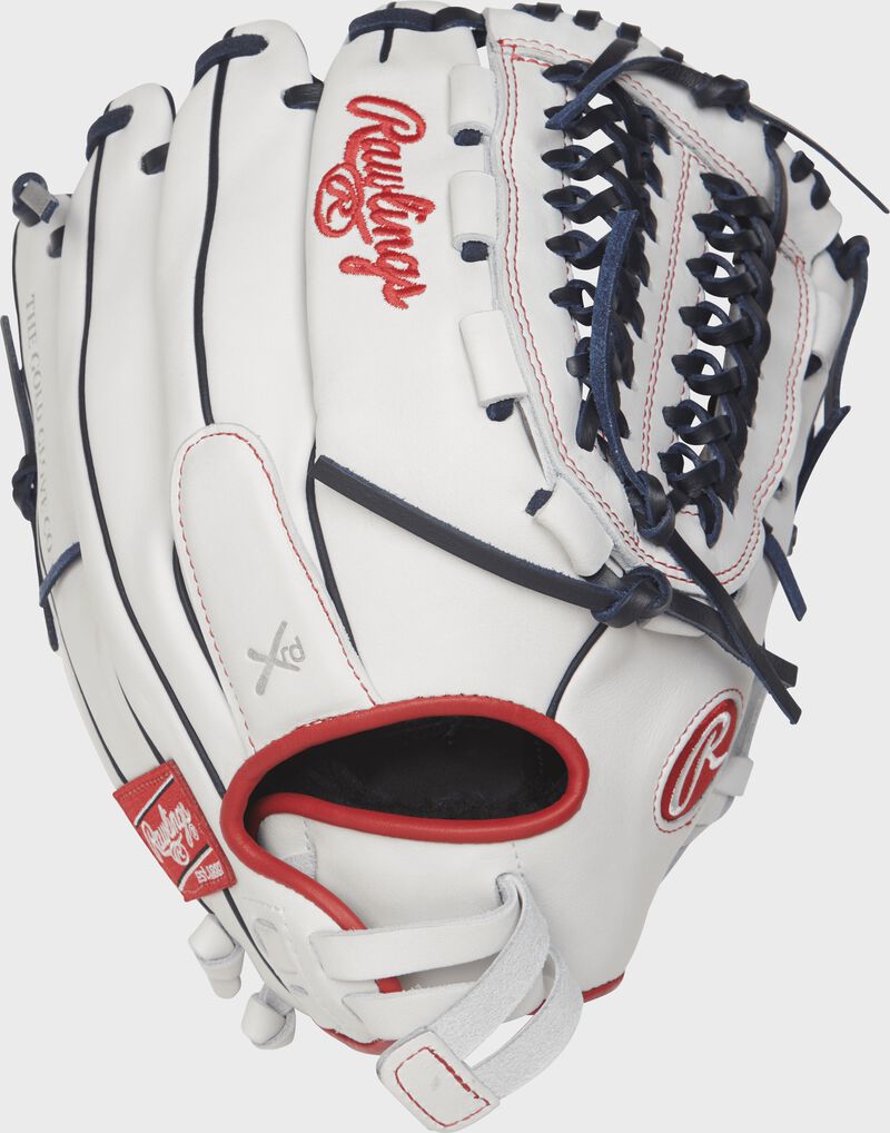 Shell back view of white, navy, and scarlet Liberty Advanced 12.5-in Fastpitch Finger Shift outfield glove loading=