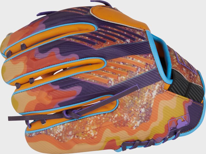 Orange/purple design print back of a REV1X Francisco Lindor infield glove with the MLB logo on the pinky - SKU: REVFL12T loading=