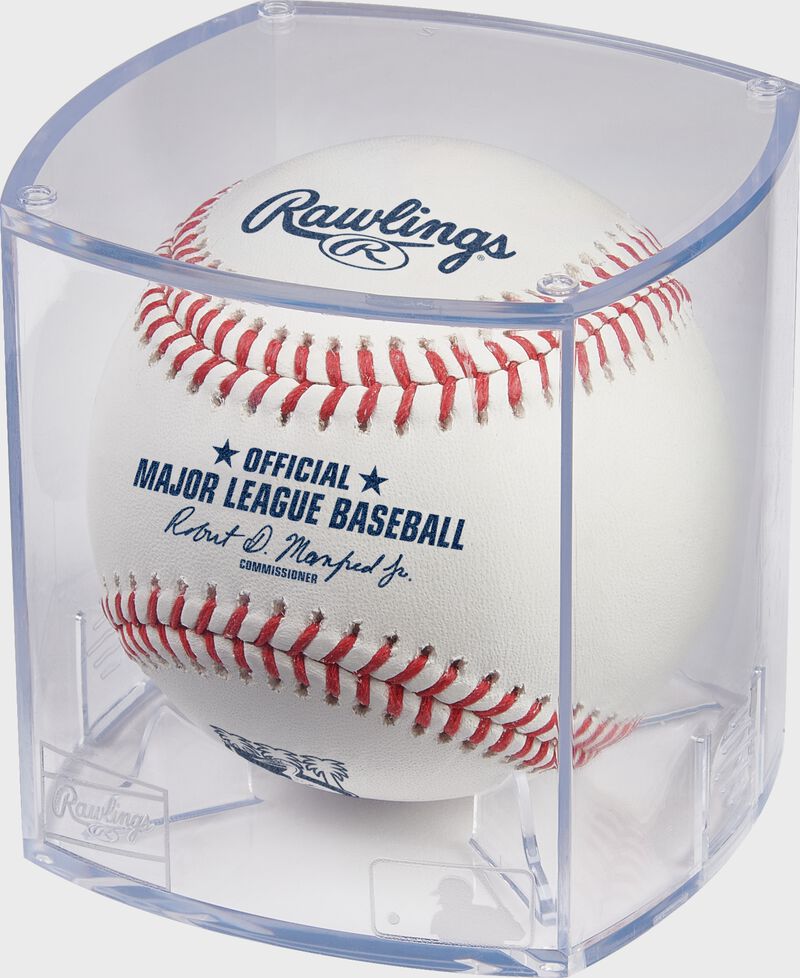 A 2024 Tampa Bay Rays City Connect baseball in a clear display cube