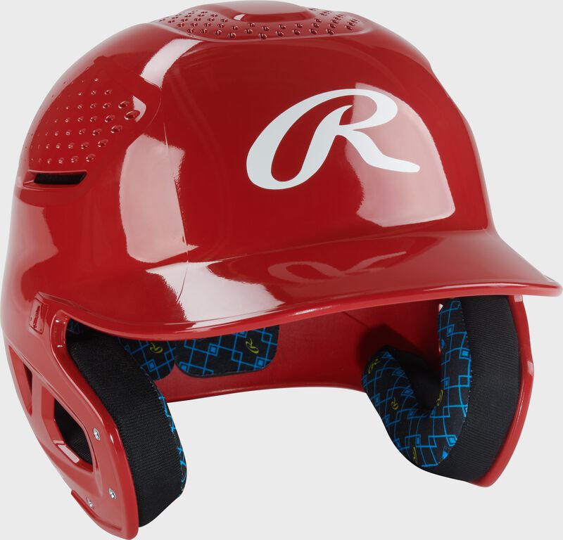 Front right of a scarlet Rawlings RX2 gloss baseball batting helmet