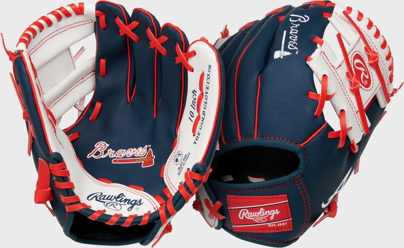 Two images showing the palm & back of a navy Atlanta Braves team logo youth glove