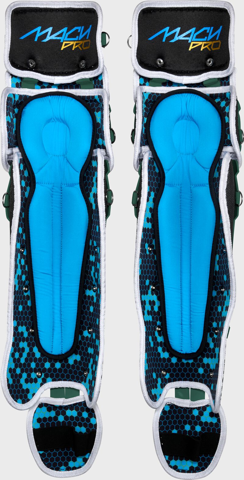 Padding of a set of dark green Rawlings Mach Pro Series leg guards