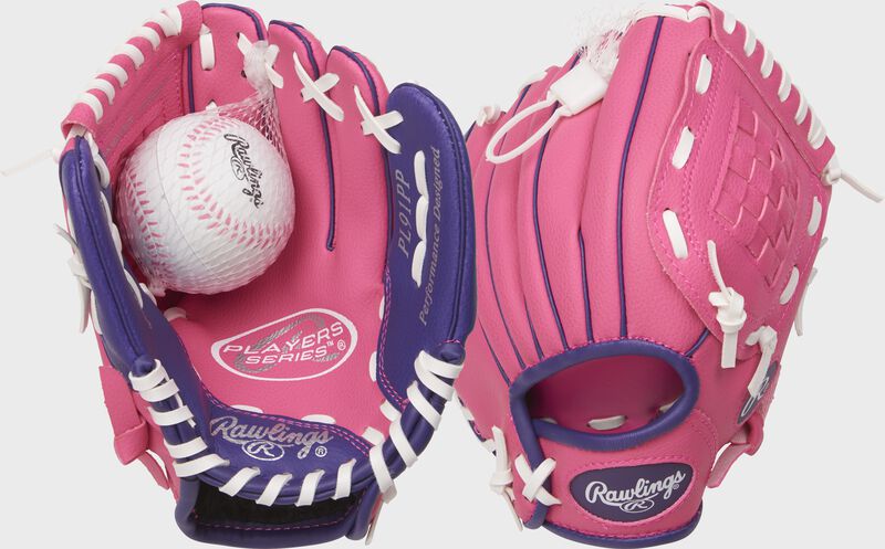 Two images showing the palm & back of a pink Players Series 9" softball glove with soft core ball