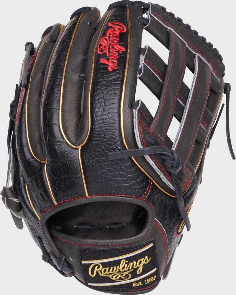 Croc embossed back of a Heart of the Hide 12.75" H-web outfield glove with a black Rawlings patch