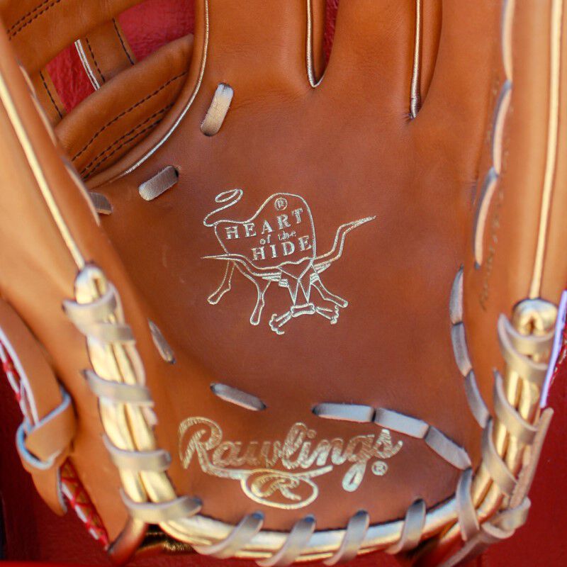 Gold Heart of the Hide palm stamp on a Sierra Romero HOH glove - SKU: PROSR32