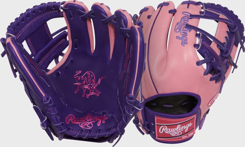 Two images showing the palm/back of an Exclusive Heart of the Hide R2G Purple/Pink 11.5-inch Infield Glove