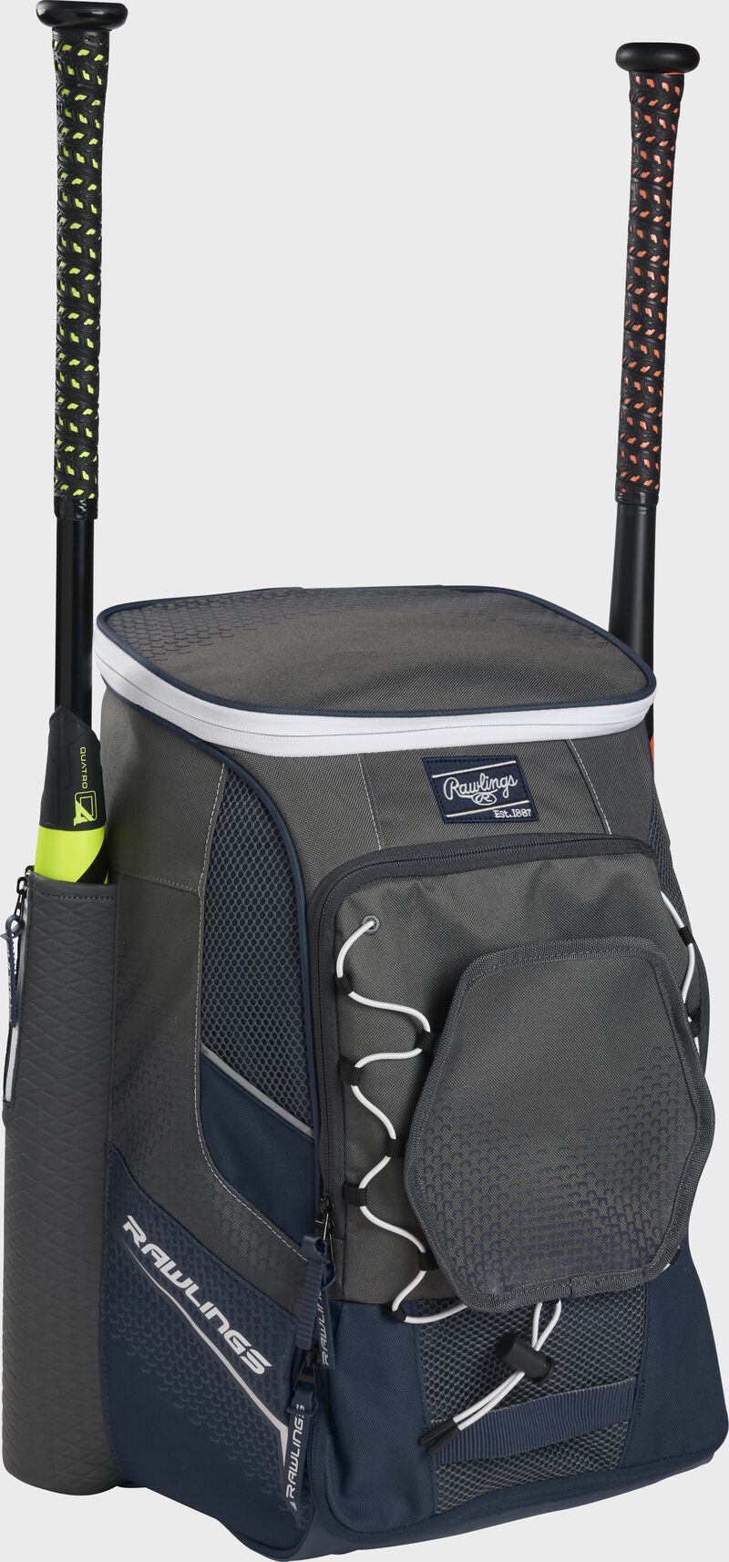 Front left angle of a navy Rawlings Impulse baseball gear backpack with two bats - SKU: IMPLSE-N