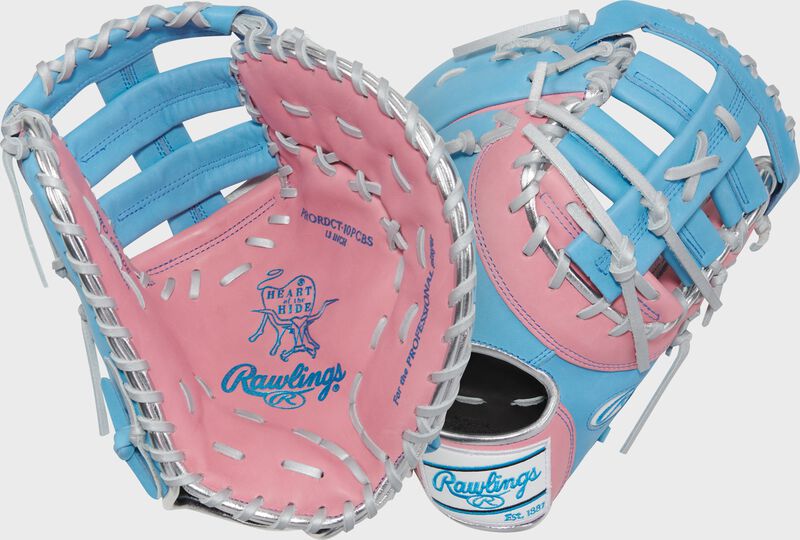 Two images showing the palm & back of a pink/columbia blue Heart of the Hide R2G 13" 1st base mitt