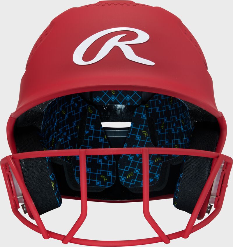 Front of a scarlet Rawlings RX2 fastpitch batting helmet