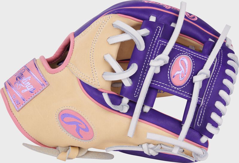 Camel thumb of a Heart of the Hide Vibrant Series camel/purple 11.5" infield glove with a purple I-web