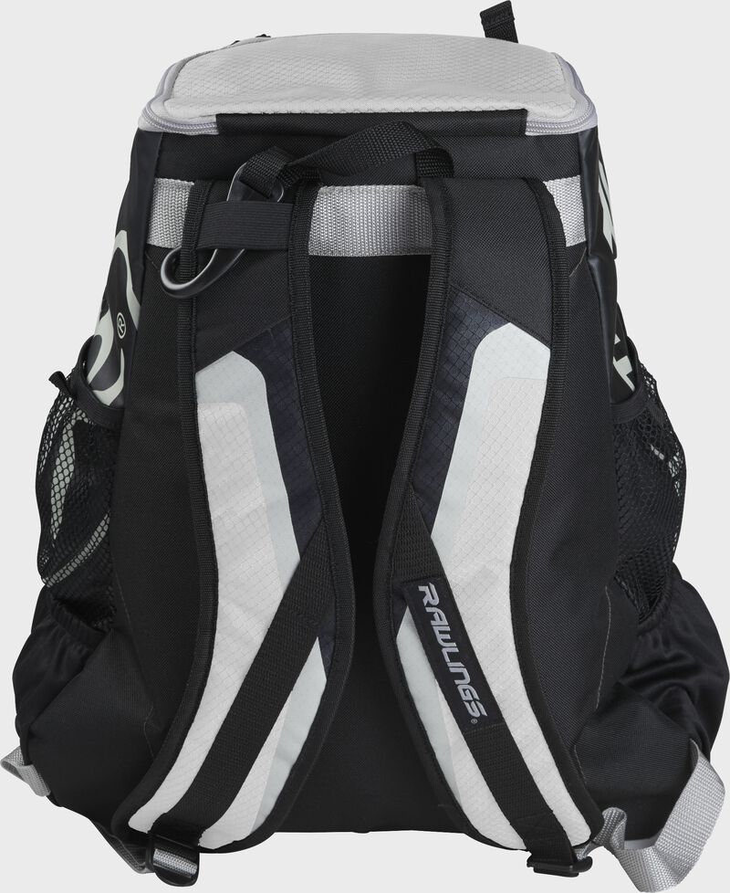Back of black/white R500 Players team backpack with black/white shoulder straps