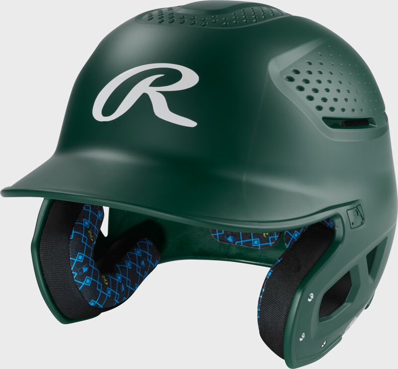 Front left of a dark green Rawlings RX2 batting helmet