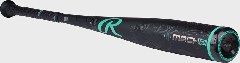 Angled view of a black/mint 2025 Rawlings Mach AI BBCOR baseball bat