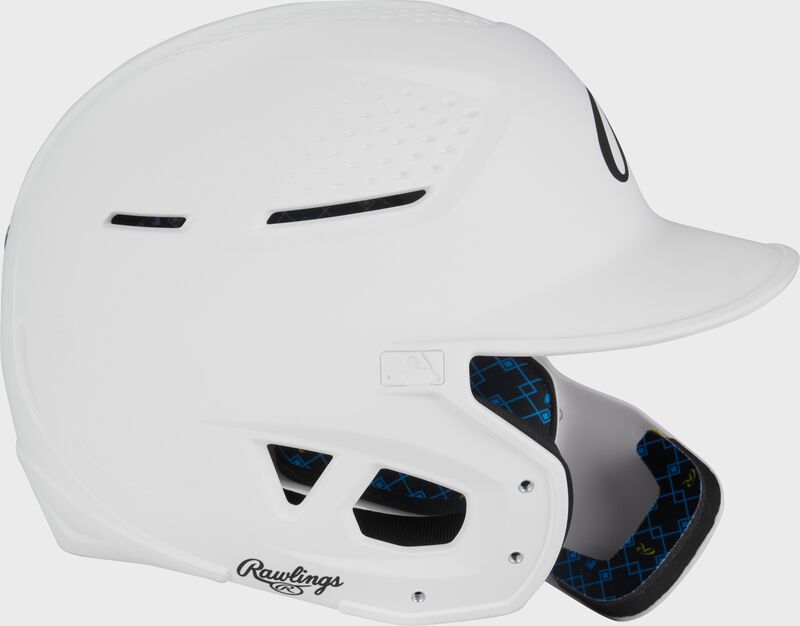 Right side of a white Rawlings RX2 Reverse batting helmet
