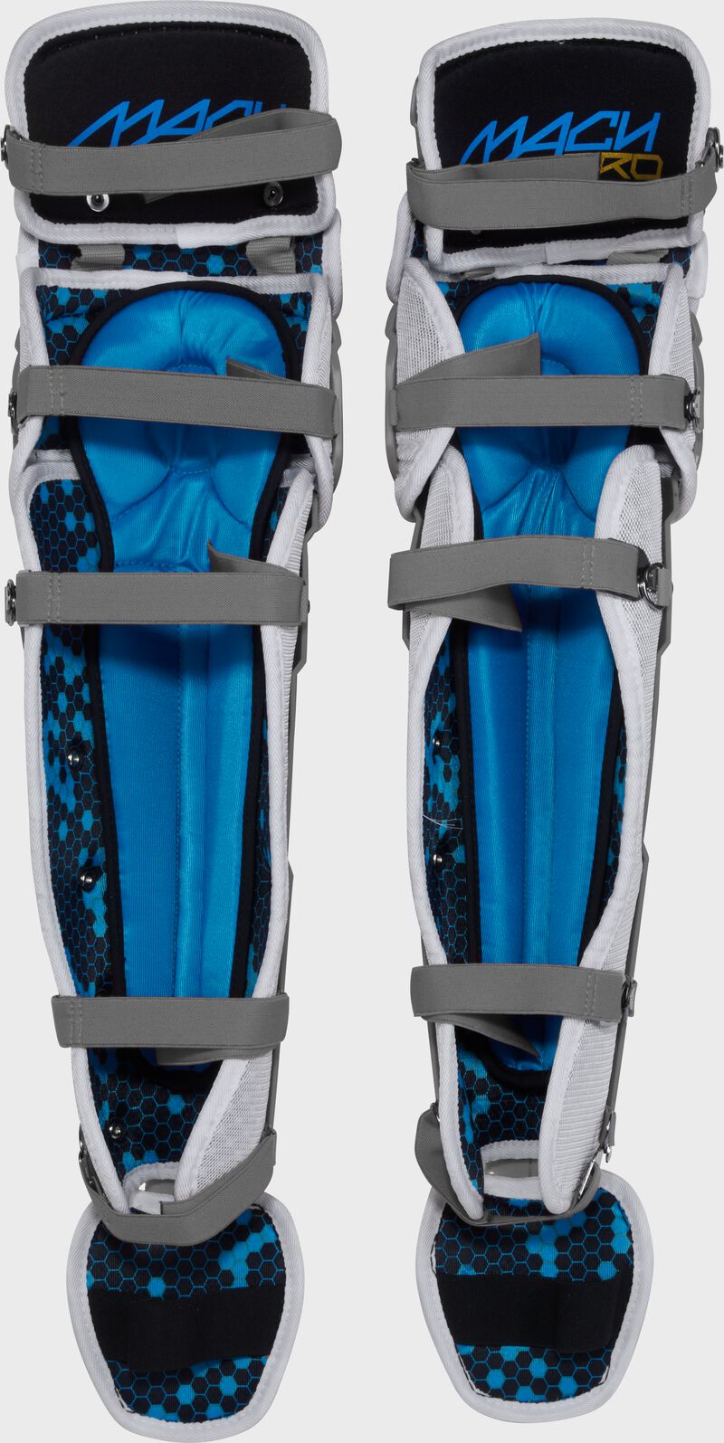 Padding of a set of graphite Rawlings Mach Pro Series leg guards with the leg straps attached