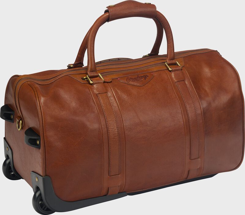 Front angle view of a tan Rawlings Home Run wheeled duffle bag