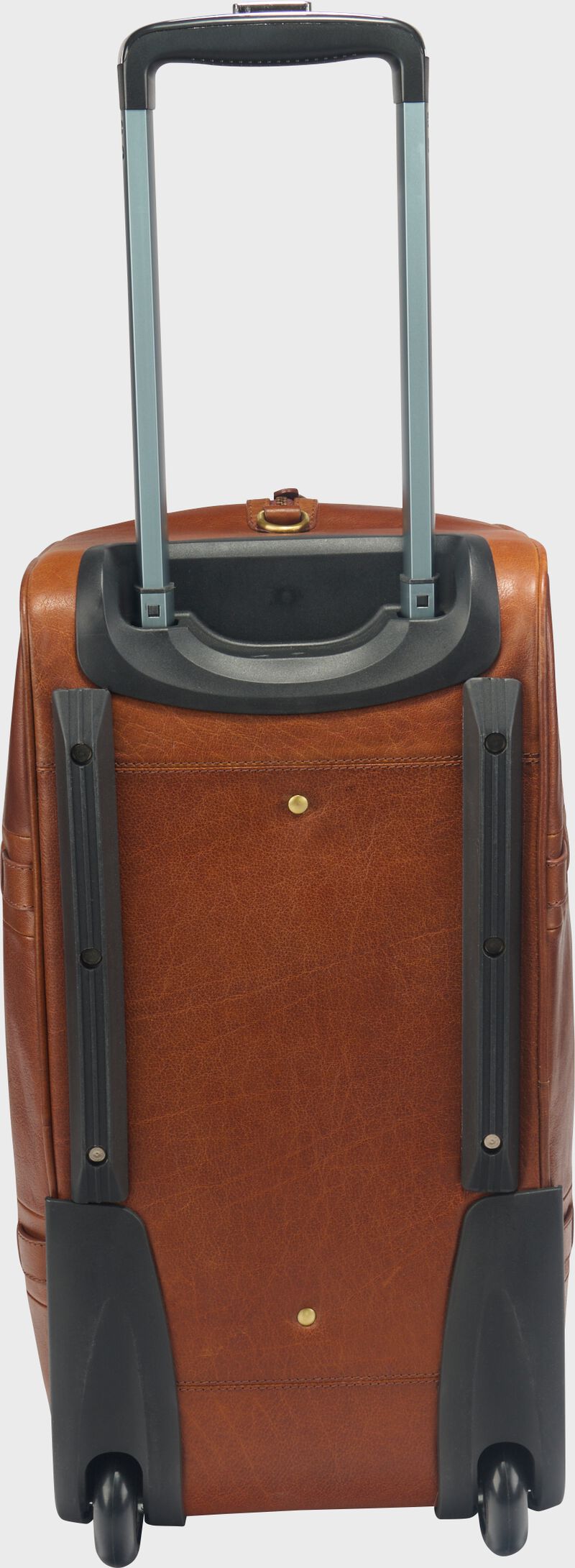 Bottom of a tan Rawlings Home Run wheeled duffle bag with the telescoping handle extended out