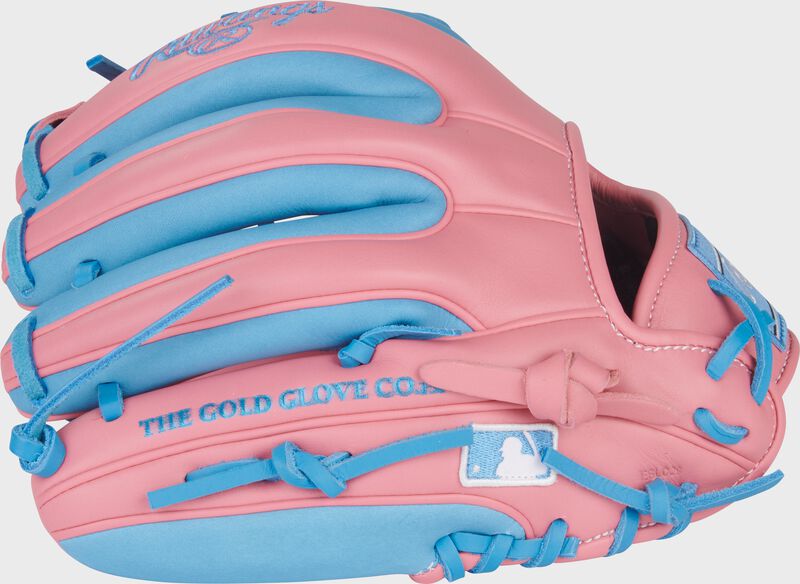 Pink back of a Rawlings NXT Series 11.5-Inch Infield Glove with the MLB logo on the pinky