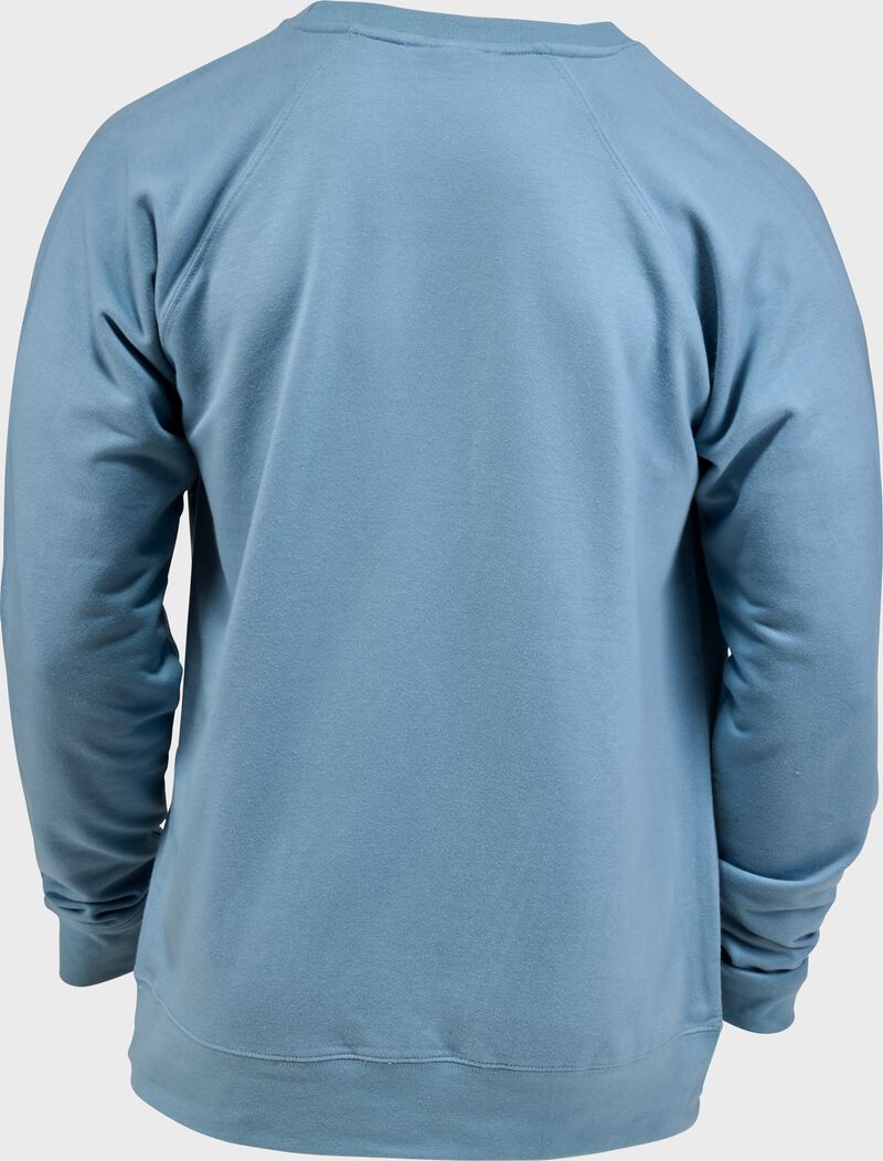 Back of a light blue Rawlings Authentic Baseball crew neck sweatshirt