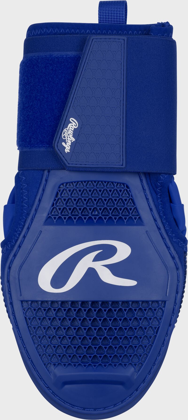 Back of hand of a royal Rawlings sliding mitt with a white "R" logo loading=