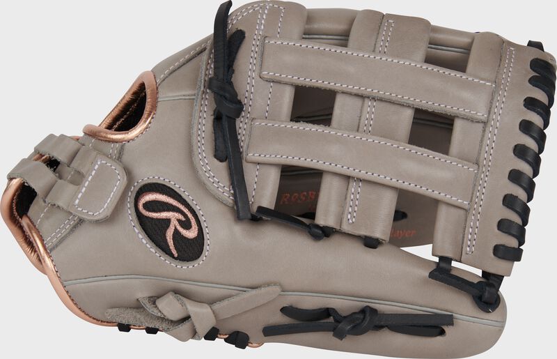 Thumb of a gray R9 Series 12" ContoUR fit fastpitch glove with a gray H-web