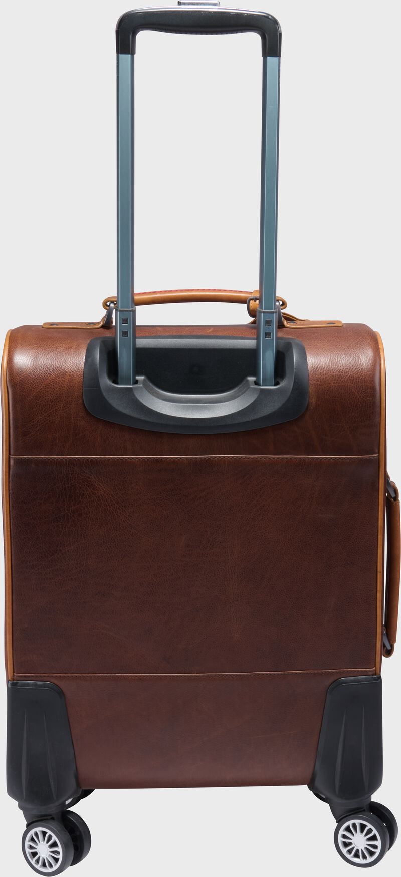 Back of a brown Rawlings Heritage Spinner Trolley Bag with the telescoping handle up loading=