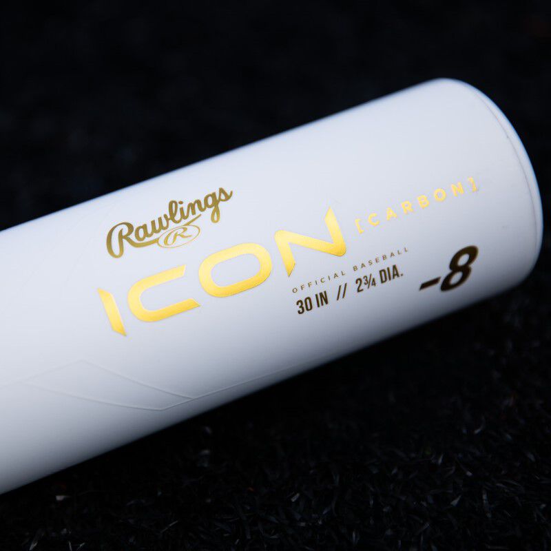 Gold Rawlings Icon logo on the end of the barrel of a -8 Icon USSSA bat - SKU: RUT4I loading=