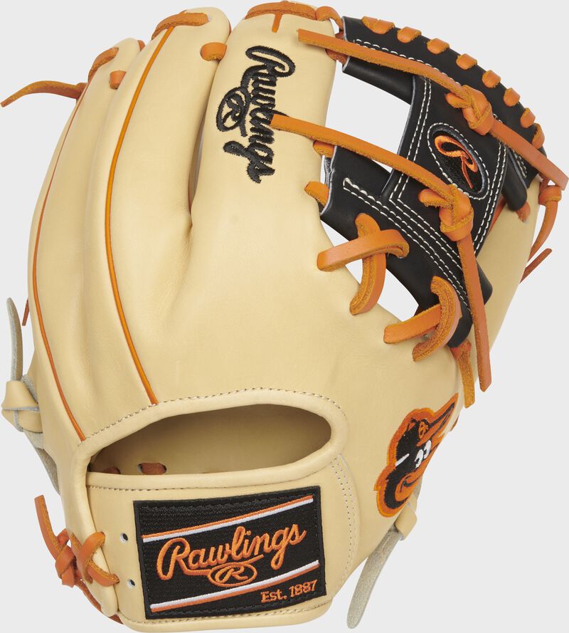 Back of a camel Baltimore Orioles Heart of the Hide I-web glove with a black/orange Rawlings patch - SKU: RSGPRO204-2BAL loading=