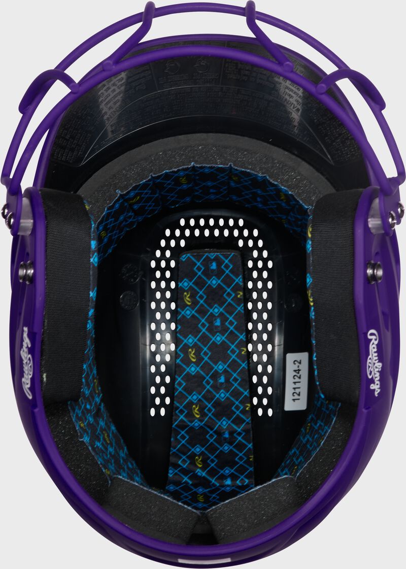 Inside padding of a purple Rawlings RX2 fastpitch batting helmet