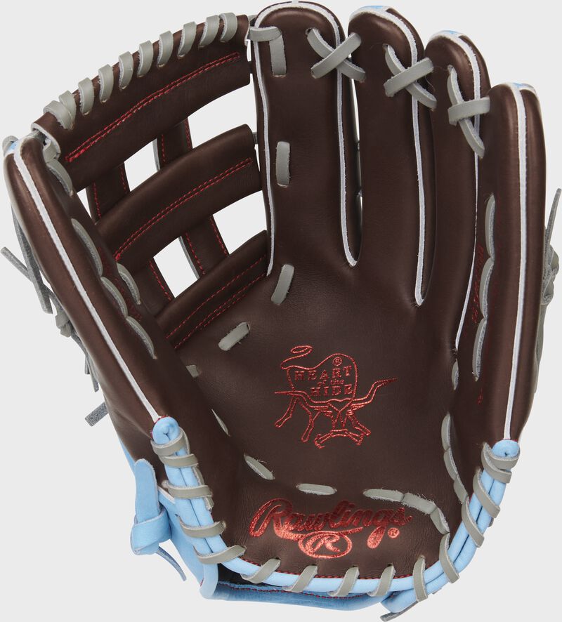 Sherry palm of a Rawlings Heart of the Hide outfield glove with a scarlet palm stamp and gray laces - SKU: PRO3039-6CH