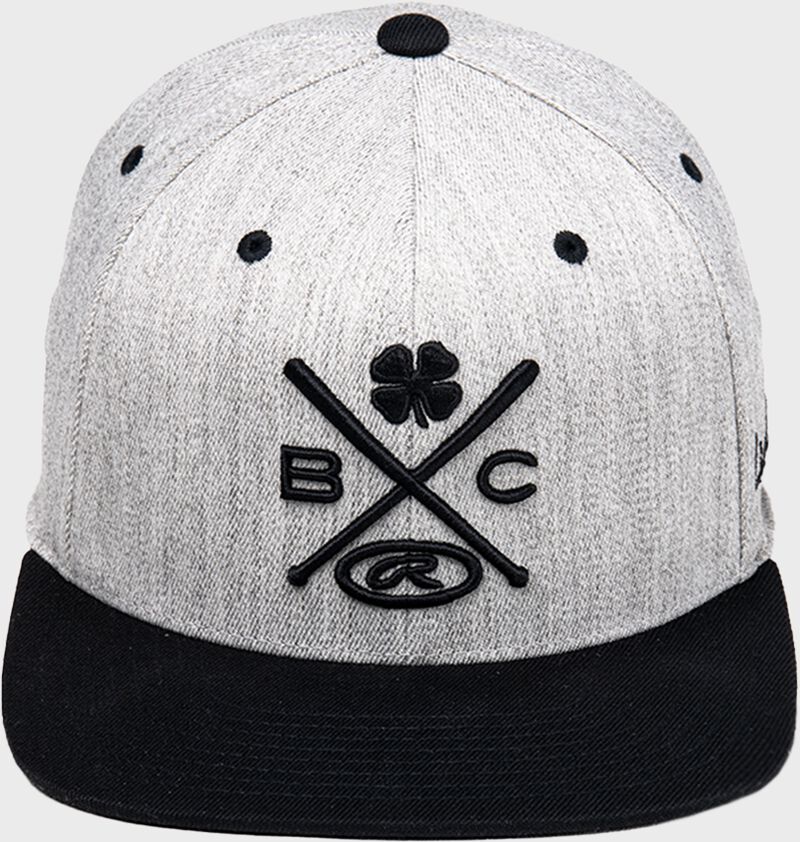 Front of a white Rawlings Black Clover "Baseball is life hat with a black logo and black bill - SKU: BCR1BIS loading=