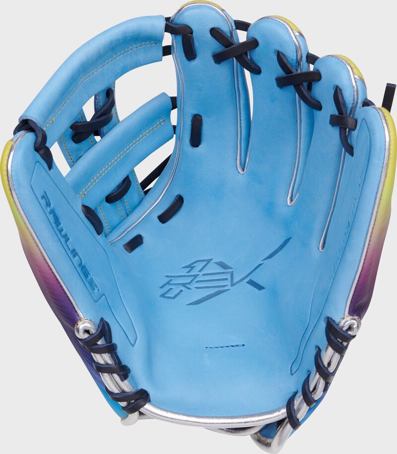Columbia blue palm of a Rawlings Francisco Lindor REV1X glove with navy laces loading=