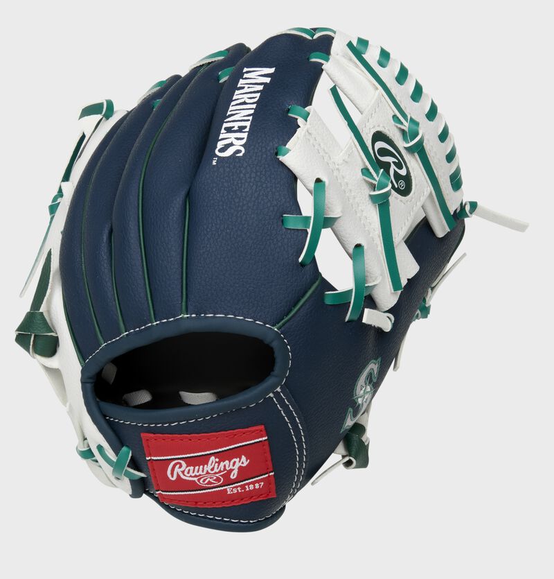 Back of a navy/white Seattle Mariners 10-inch I-web glove with a red Rawlings patch - SKU: 22000015111 loading=